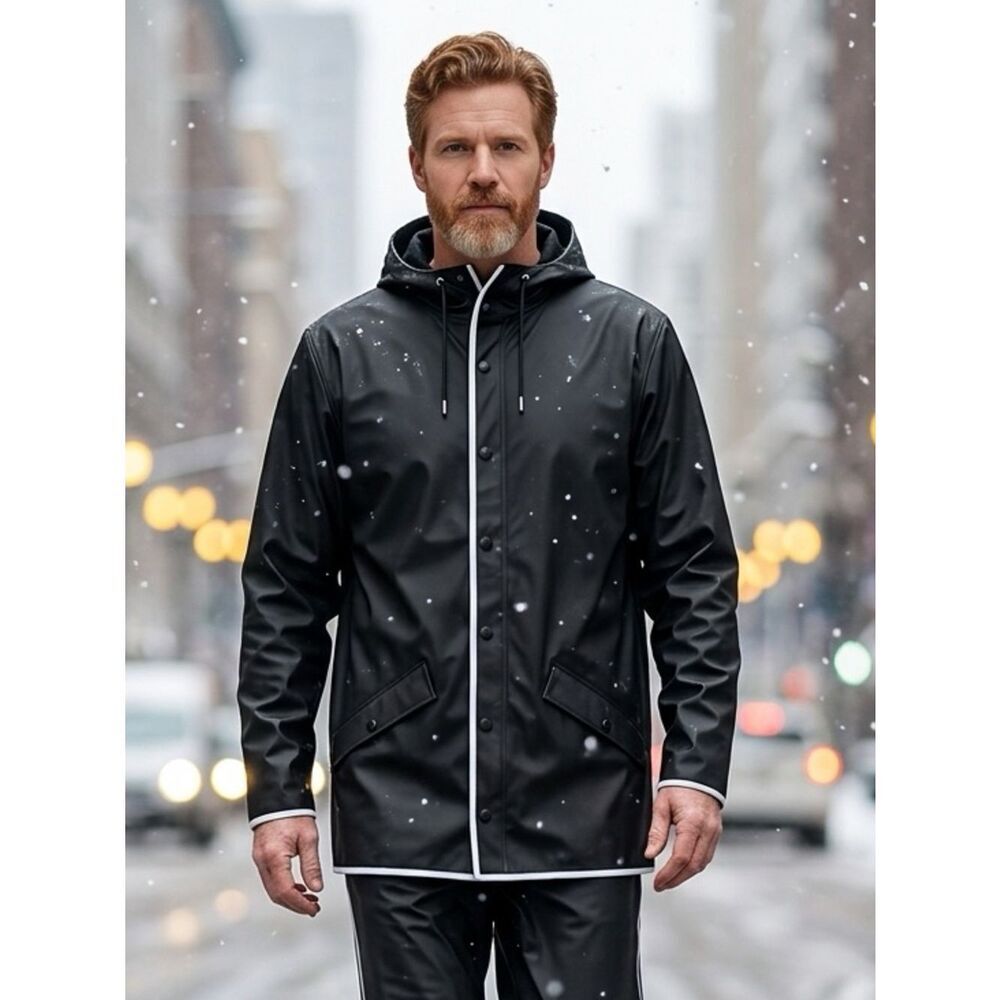 NWT RAINS Unisex Long Raincoat Jacket Black Reflective Adj Cuff Hood -Size S/M